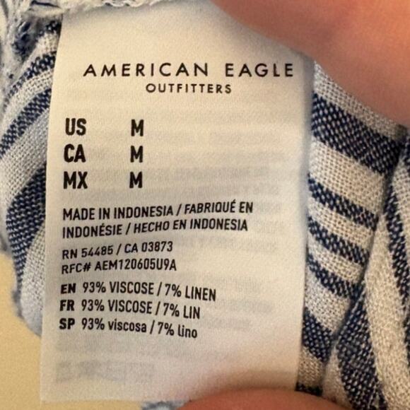 American Eagle Button Up Short Sleeve Shirt Linen Blend Stripe Navy White Medium - Picture 4 of 6